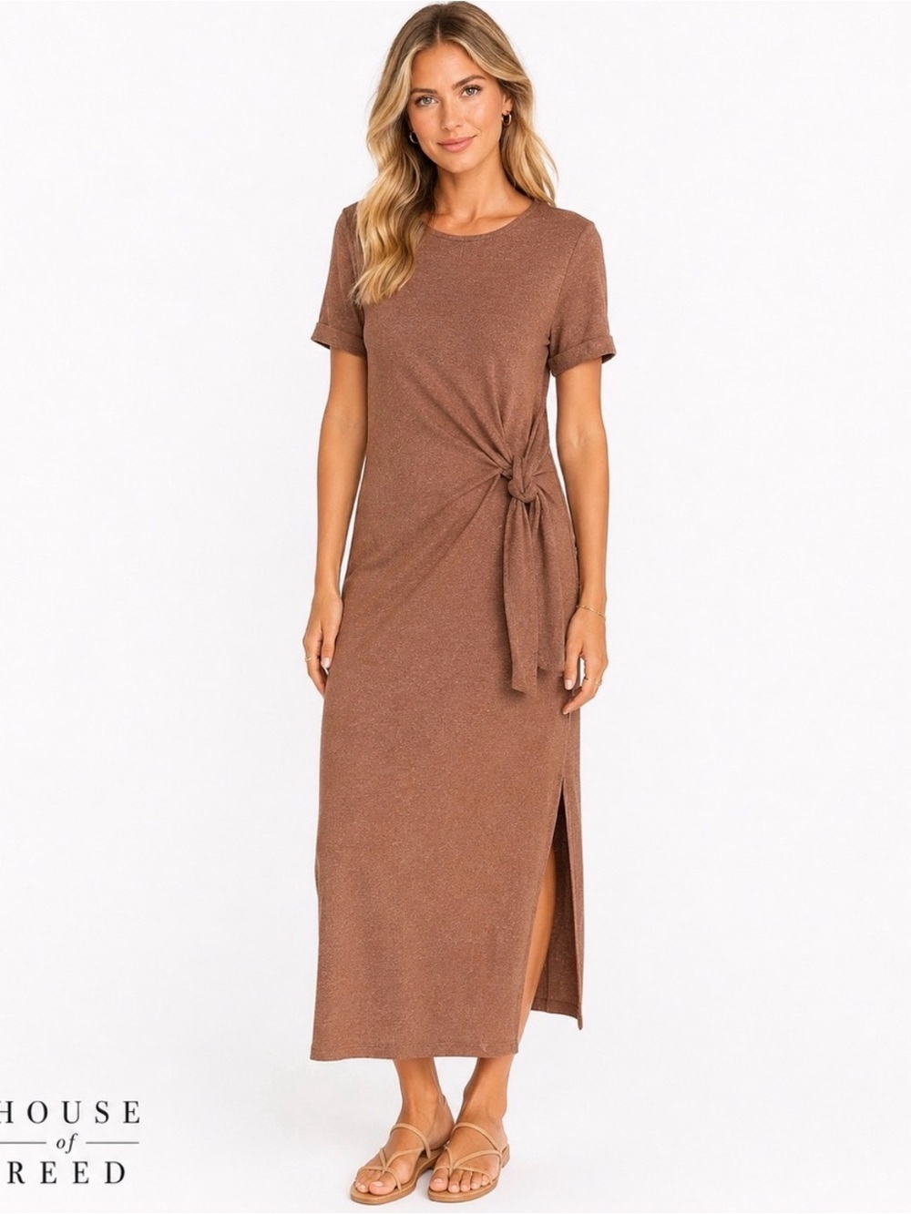 Melloday Nordstrom NWT‎ Brown Knit Midi Dress Side Tie Slit Stretch Tee Dress